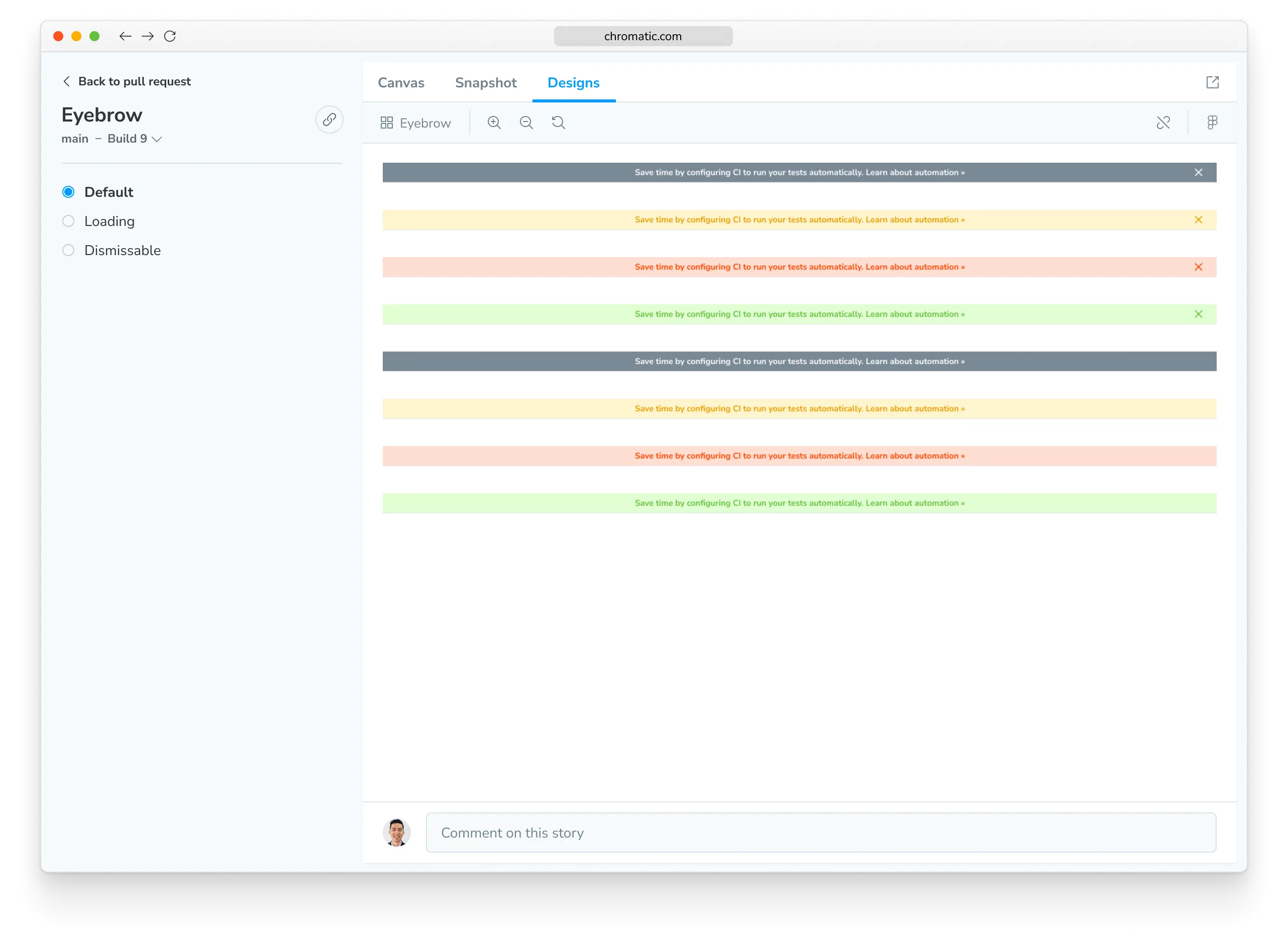 Designs tab in Chromatic showing the rendering of a Figma component